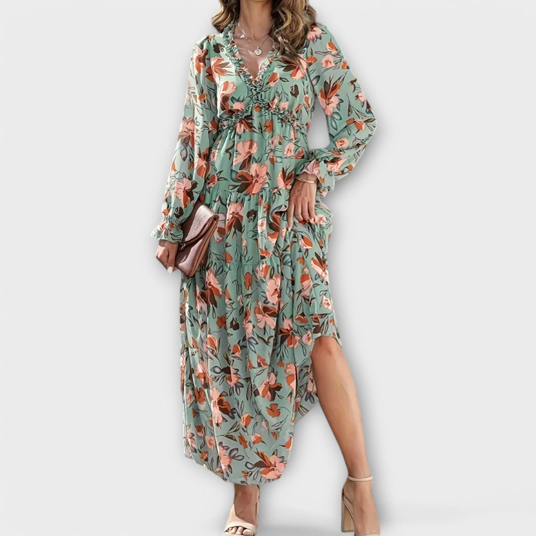 Kjole for kvinner | Blomstrete V-hals langermet maxi
