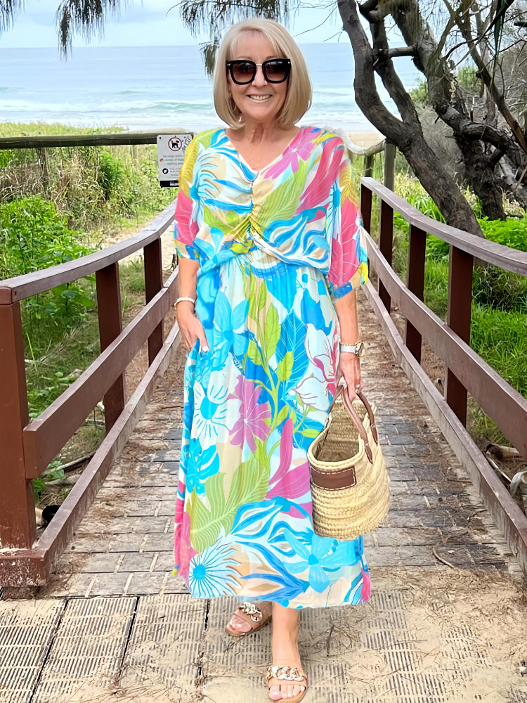 Kvinnes Boho Maxi Kjole | V-hals Smocked