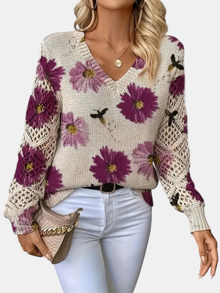 Damegenser | Blomsterstrikk V-hals