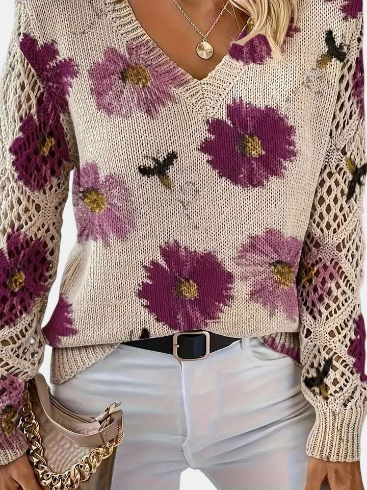 Damegenser | Blomsterstrikk V-hals