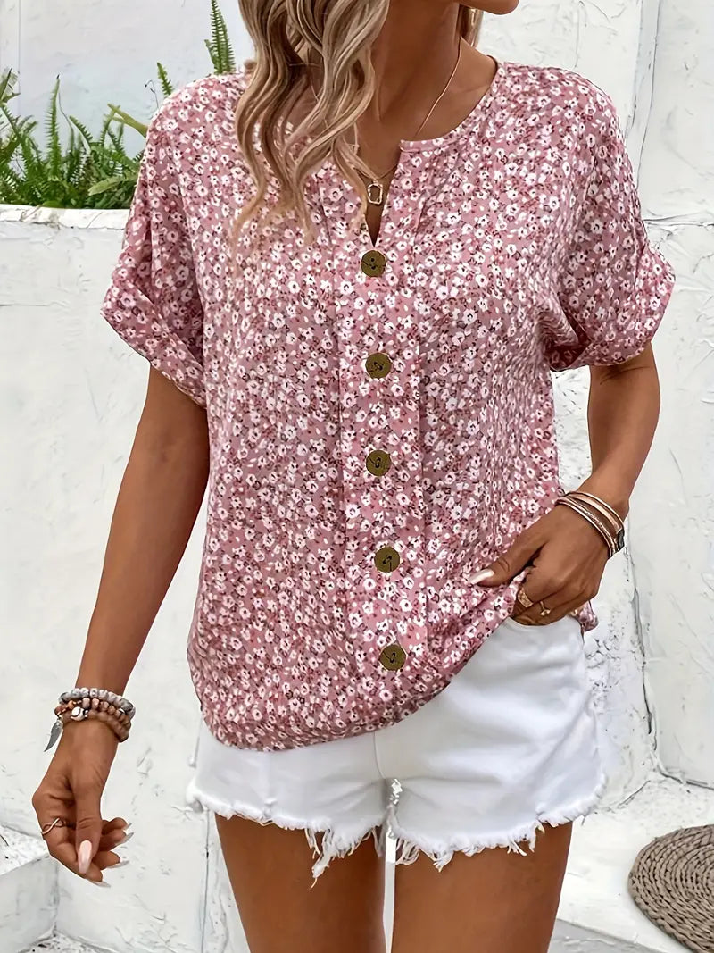 Damebluse | Blomstertrykk med knapper foran