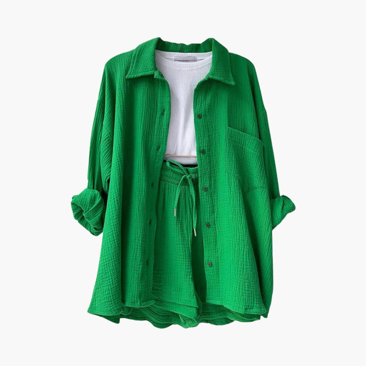 Dame Tre-delt Sett | Knapp-front Skjorte, Topp og Shorts