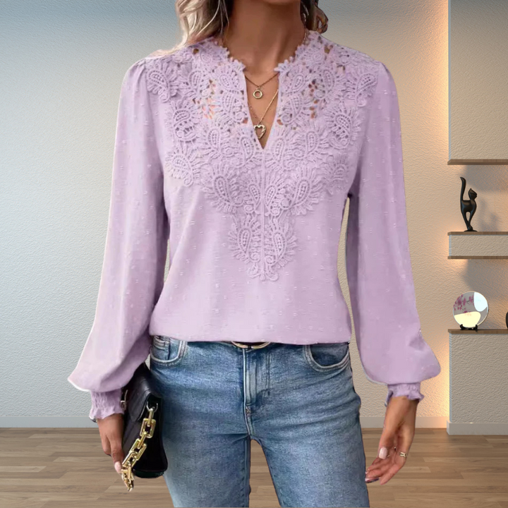 Damebluse | V-hals med Guipure-lace