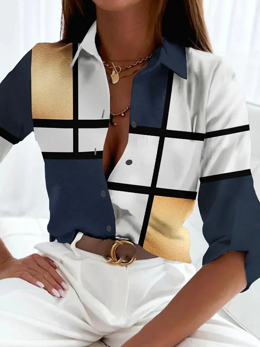 Kvinnebluse | Trykt Knappebluse