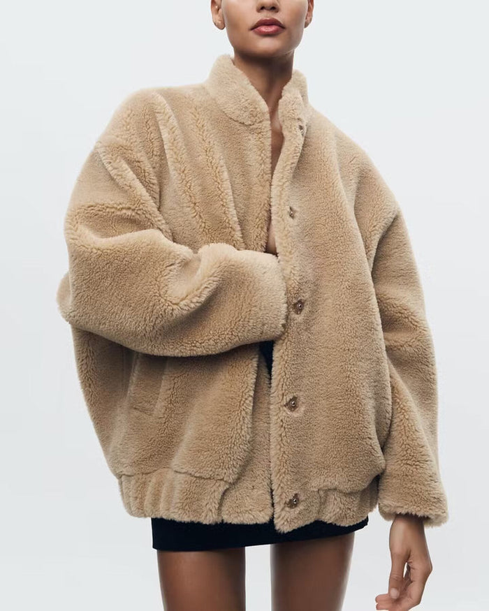 Dame Teddy Jacket med Høy Krage og Oversize Passform