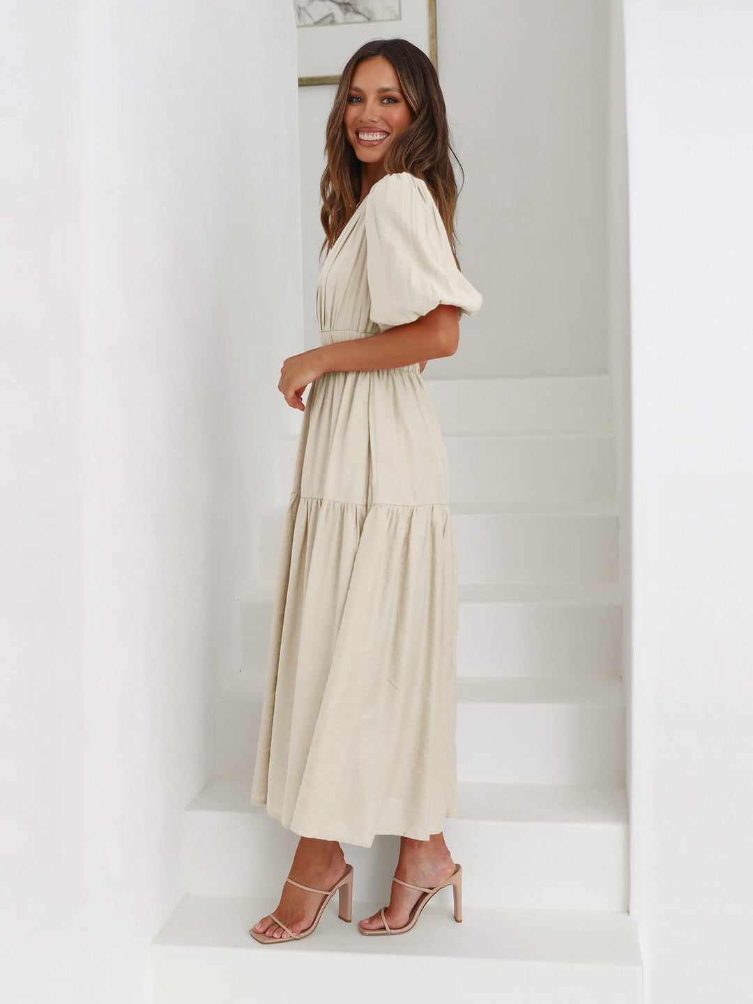 Kvinne Cocktail Midi Kjole | Smocket V-hals