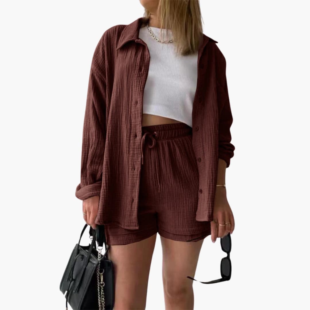 Dame Tre-delt Sett | Knapp-front Skjorte, Topp og Shorts