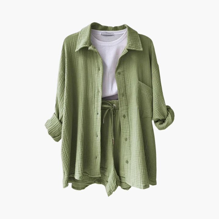 Dame Tre-delt Sett | Knapp-front Skjorte, Topp og Shorts