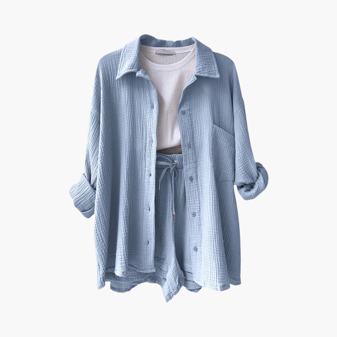 Dame Tre-delt Sett | Knapp-front Skjorte, Topp og Shorts