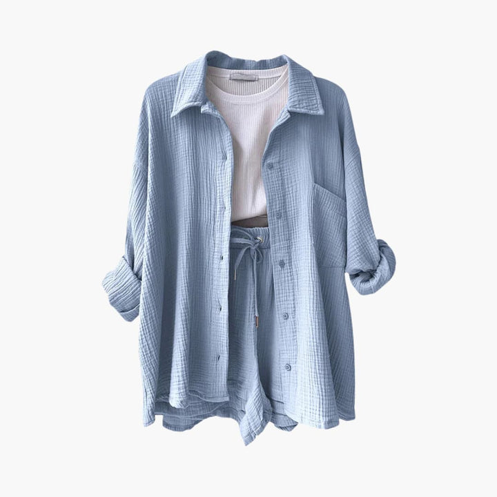Dame Tre-delt Sett | Knapp-front Skjorte, Topp og Shorts