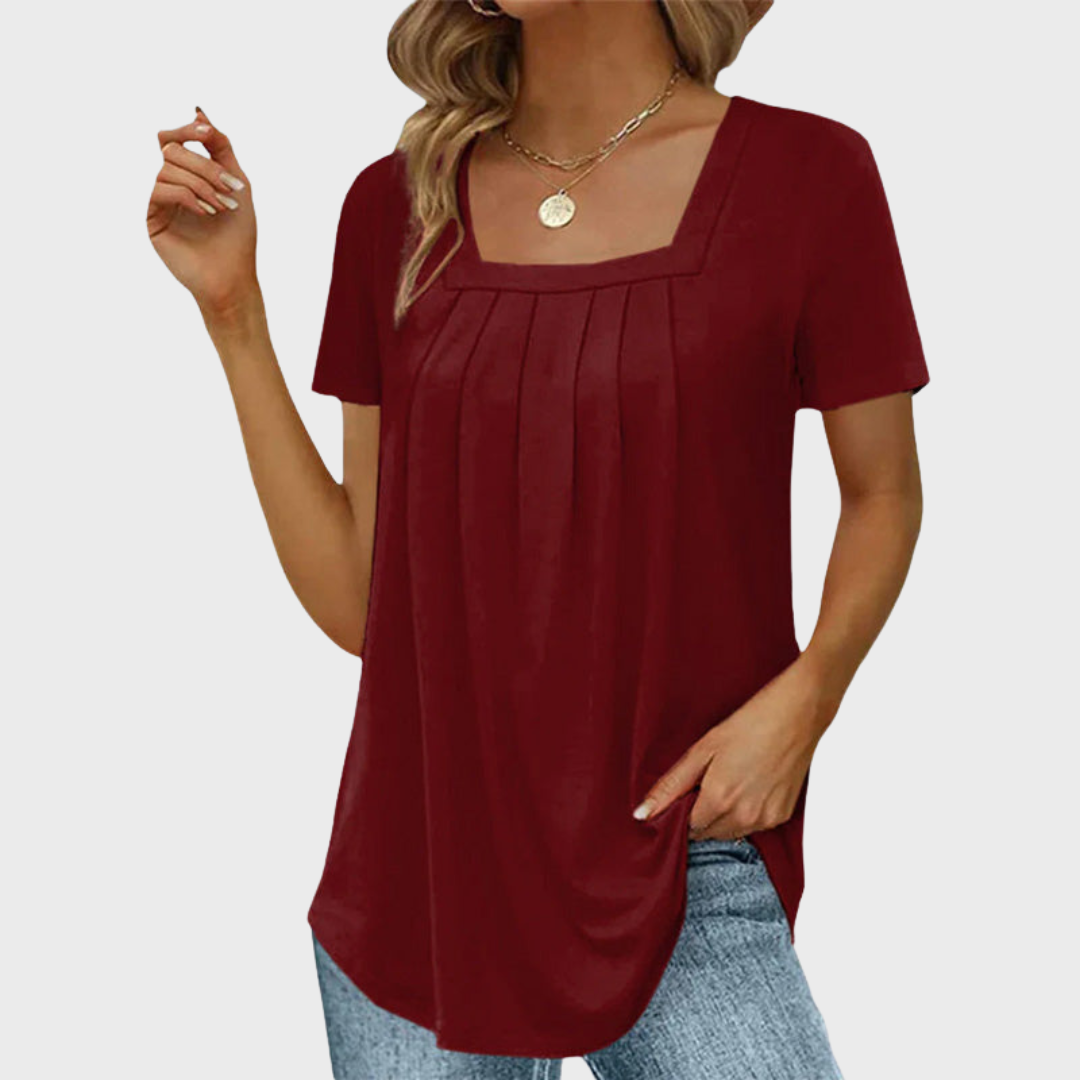 Damebluse | Kvadratisk Hals Med Plerte Front
