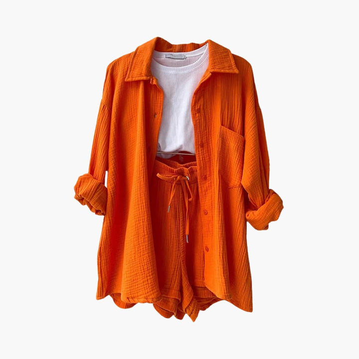 Dame Tre-delt Sett | Knapp-front Skjorte, Topp og Shorts