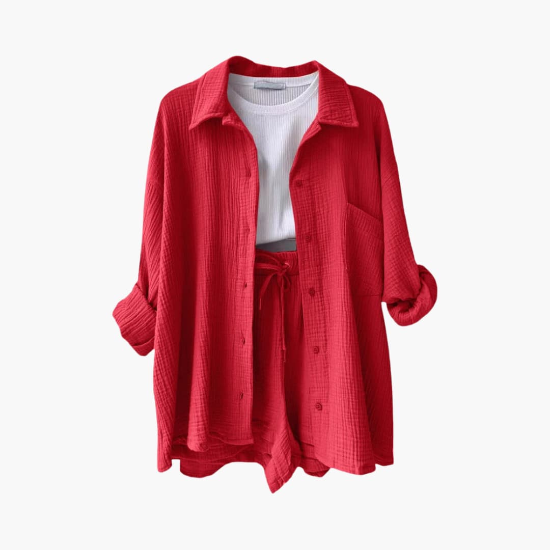 Dame Tre-delt Sett | Knapp-front Skjorte, Topp og Shorts