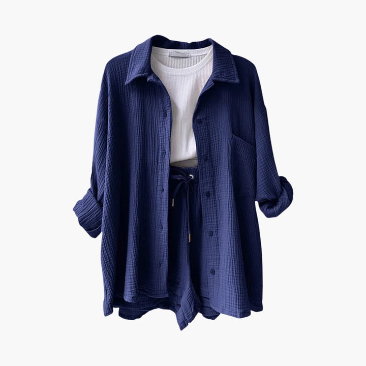 Dame Tre-delt Sett | Knapp-front Skjorte, Topp og Shorts