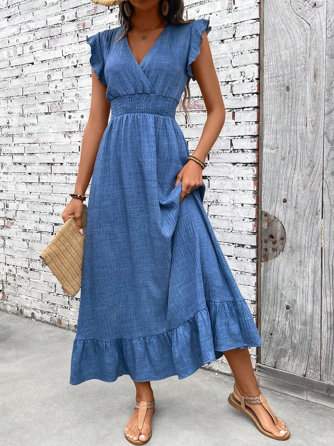Kvinners Boho Maxi Kjole | Rynket Midje