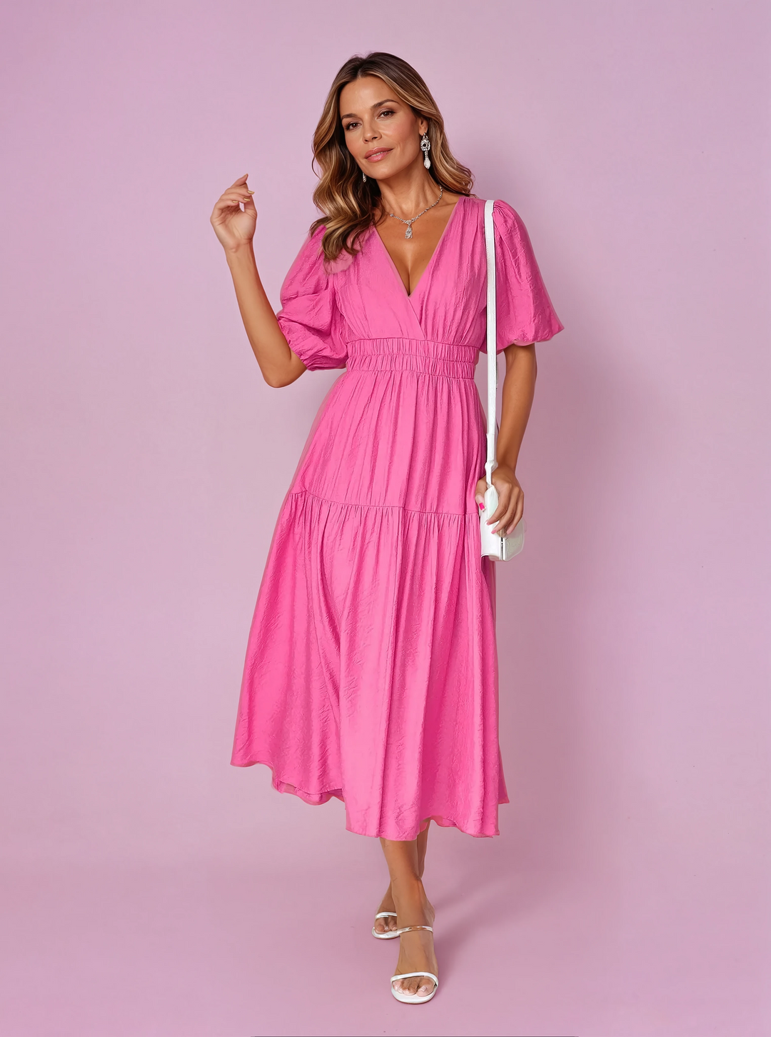 Kvinne Cocktail Midi Kjole | Smocket V-hals