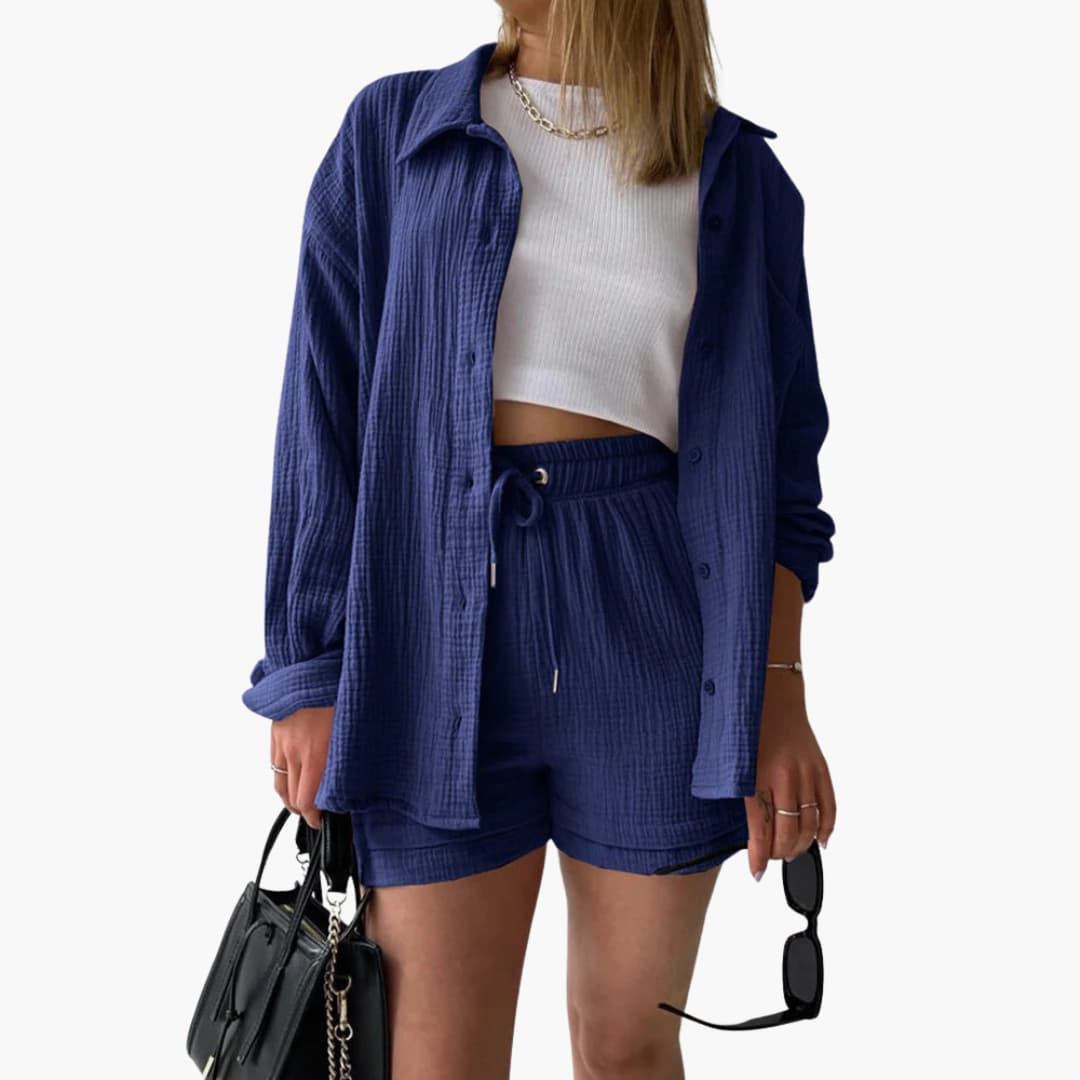 Dame Tre-delt Sett | Knapp-front Skjorte, Topp og Shorts