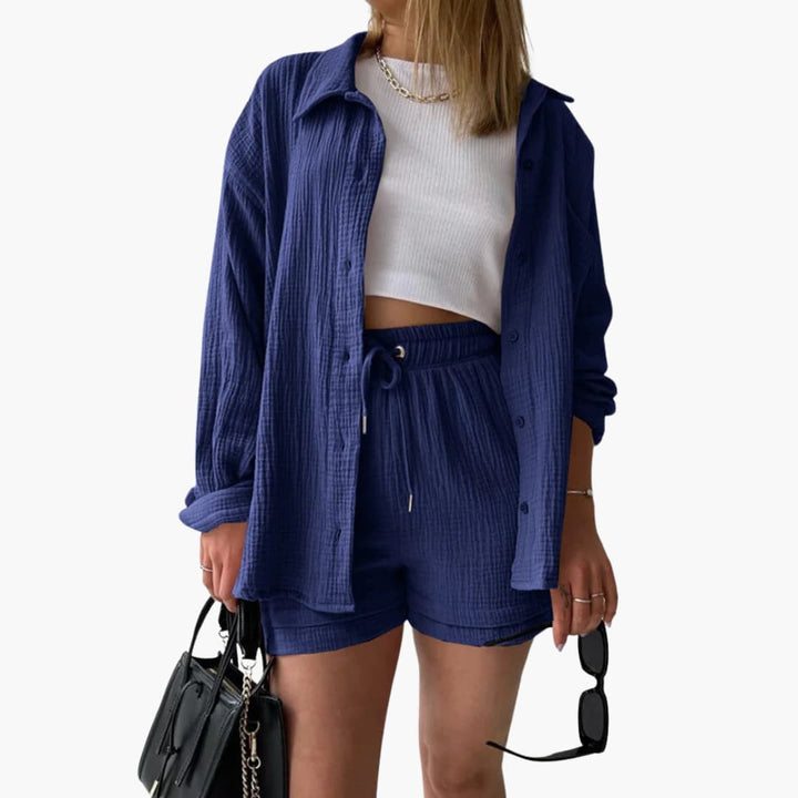 Dame Tre-delt Sett | Knapp-front Skjorte, Topp og Shorts