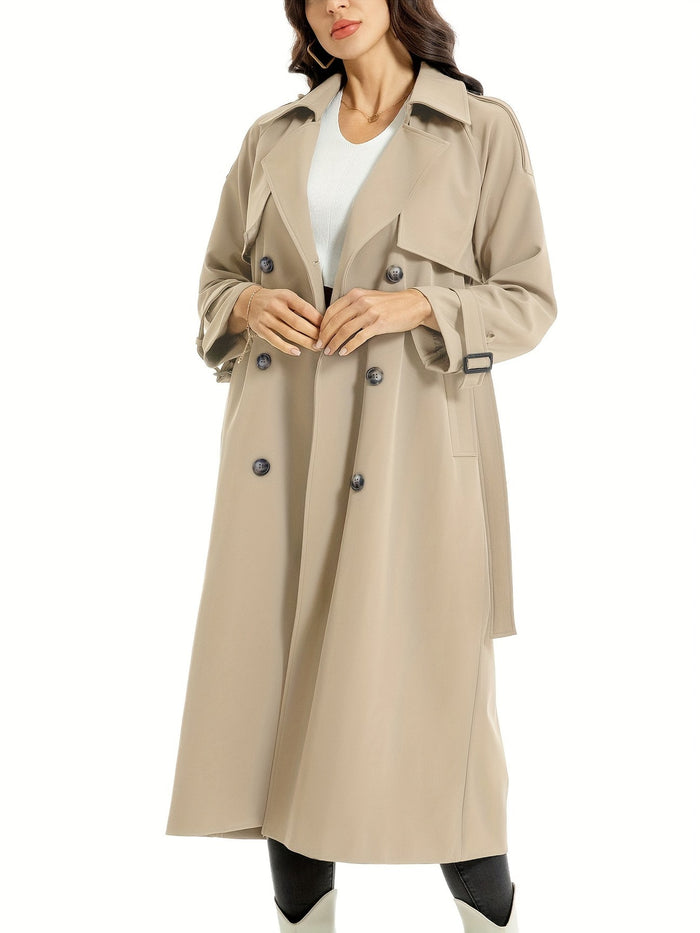 Dame Trenchcoat Lang Dobbeltknappet med Belte og Brede Slag