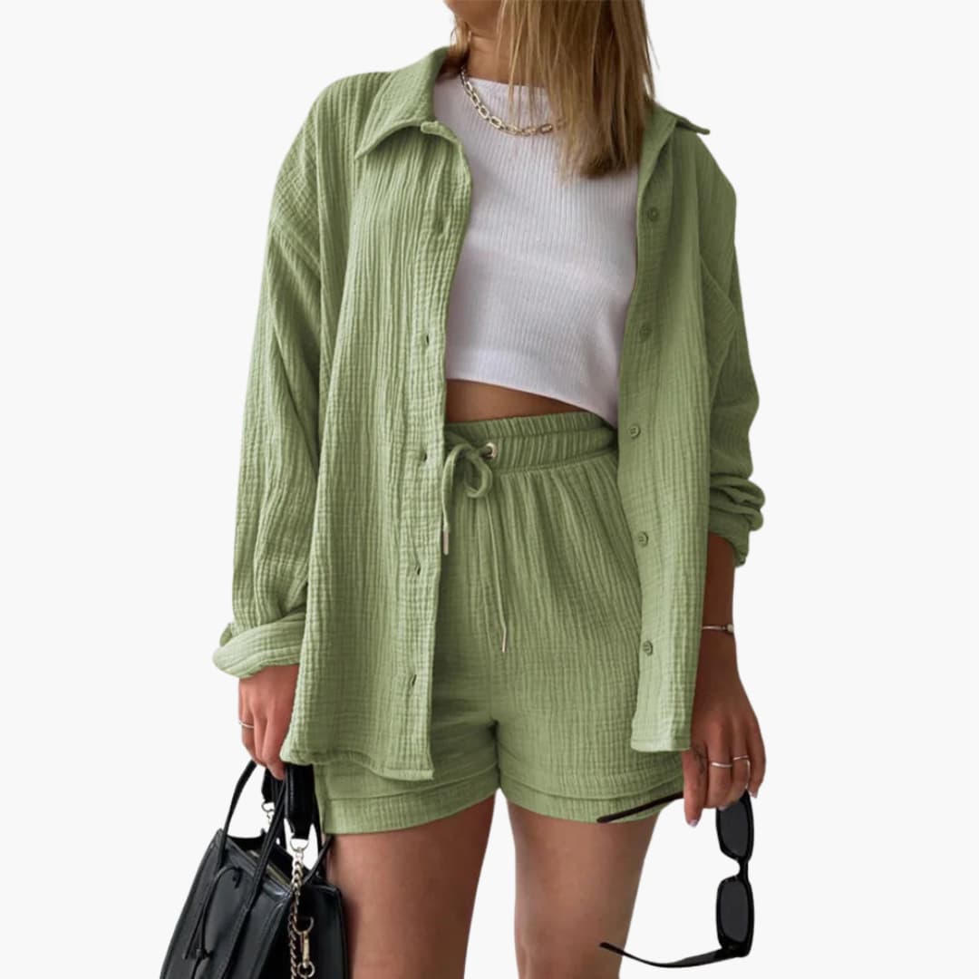 Dame Tre-delt Sett | Knapp-front Skjorte, Topp og Shorts