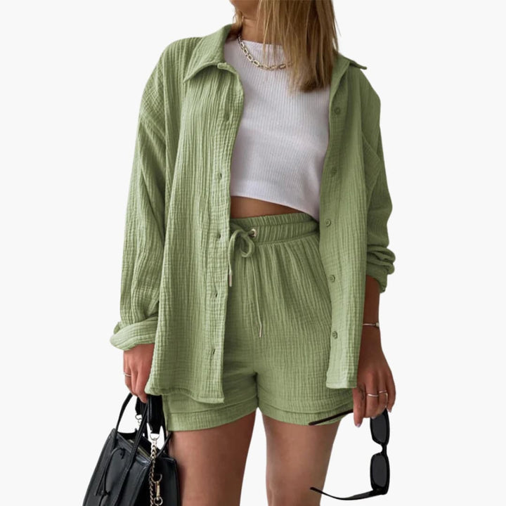 Dame Tre-delt Sett | Knapp-front Skjorte, Topp og Shorts