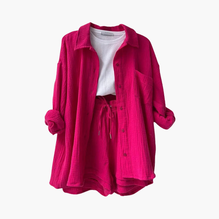 Dame Tre-delt Sett | Knapp-front Skjorte, Topp og Shorts