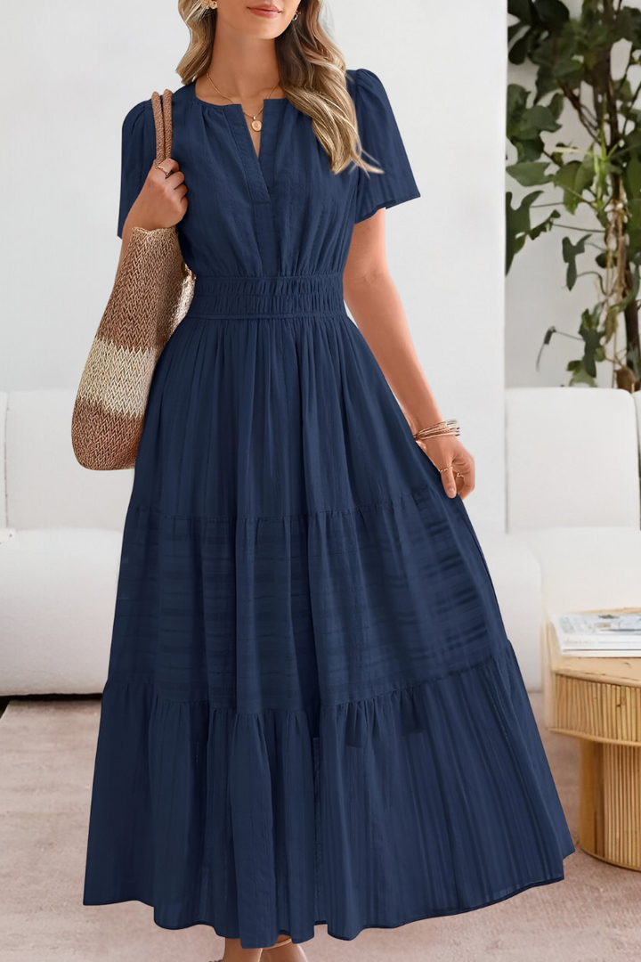 Kvinners Boho Midi Kjole | Rynket Korte Ermer