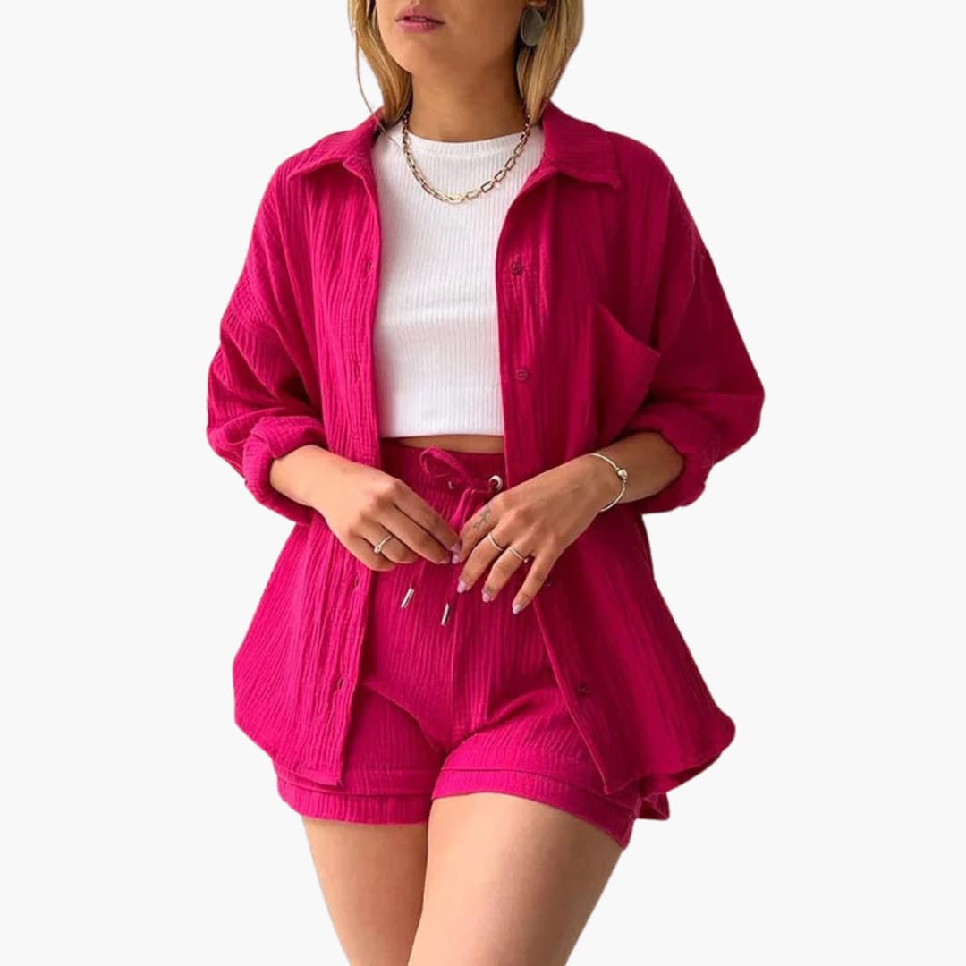 Dame Tre-delt Sett | Knapp-front Skjorte, Topp og Shorts