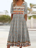Kvinne Boho Midi Kjole | Korte Ermer
