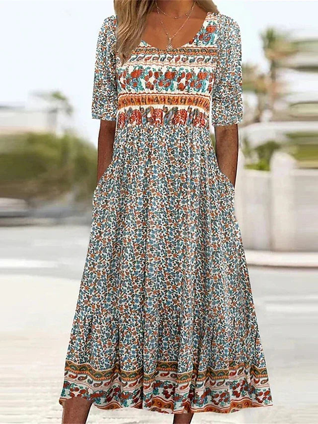 Kvinne Boho Midi Kjole | Korte Ermer