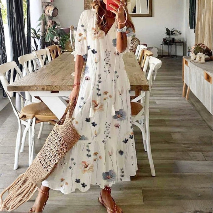 Kvinnes Boho Maxi Kjole | Korte Ermer Blomster