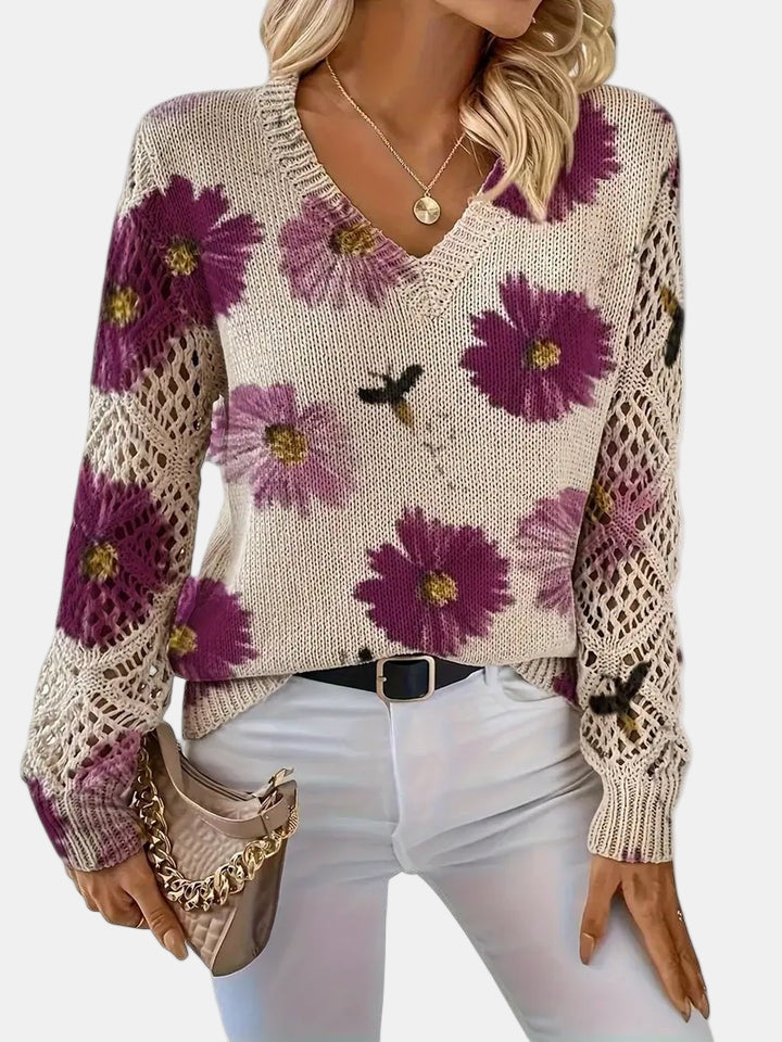 Damegenser | Blomsterstrikk V-hals