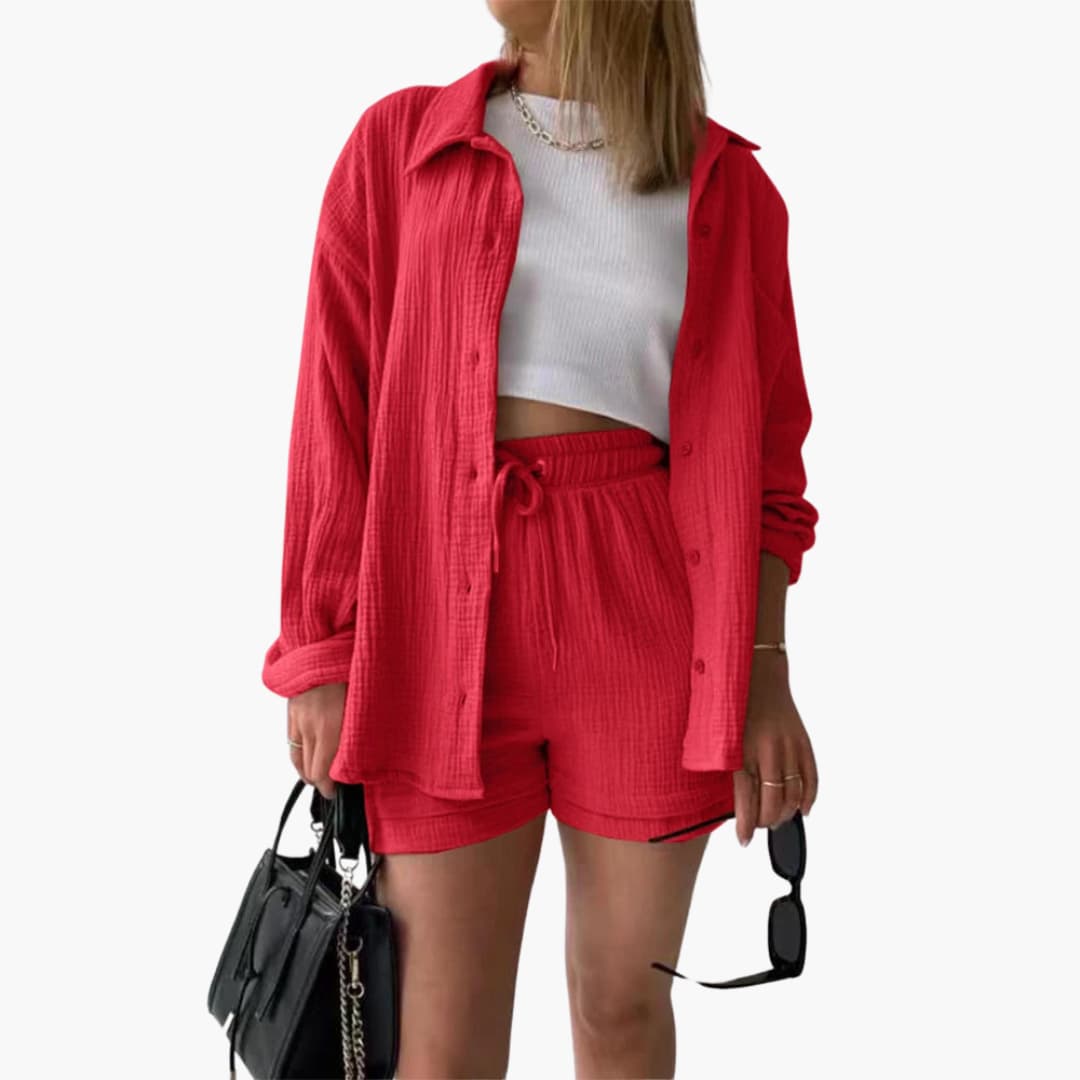 Dame Tre-delt Sett | Knapp-front Skjorte, Topp og Shorts
