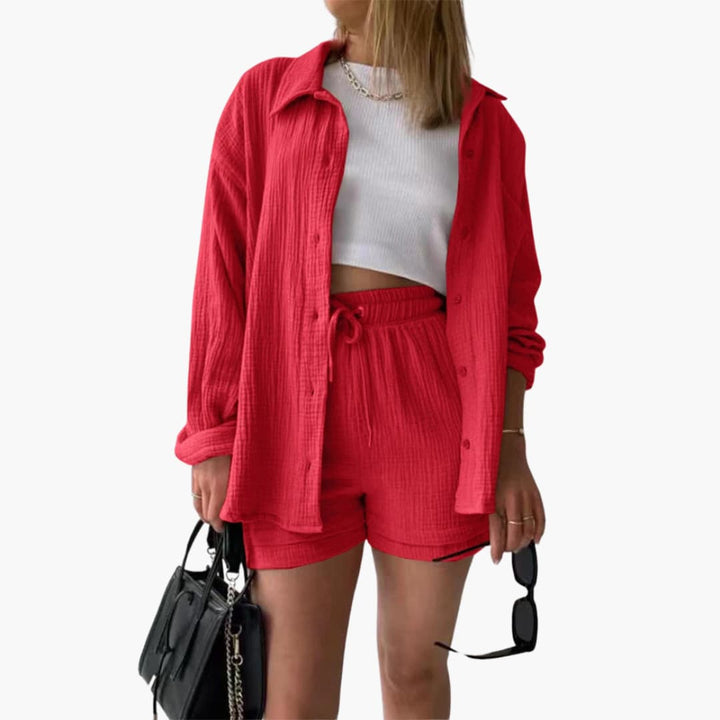 Dame Tre-delt Sett | Knapp-front Skjorte, Topp og Shorts