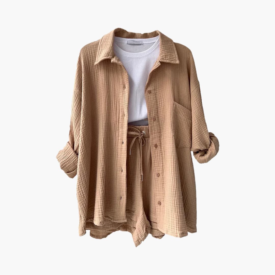 Dame Tre-delt Sett | Knapp-front Skjorte, Topp og Shorts