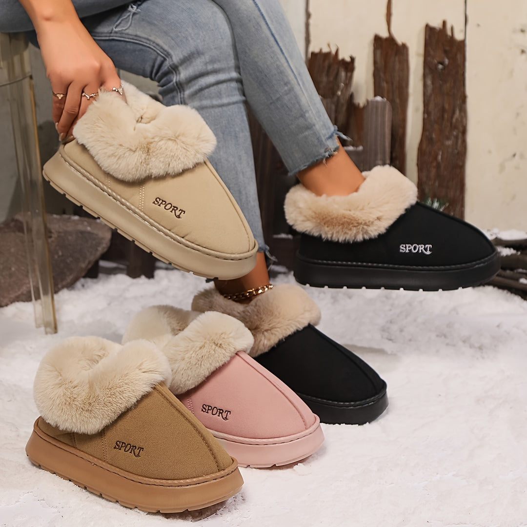 Platåtøfler med fuskepels i beige