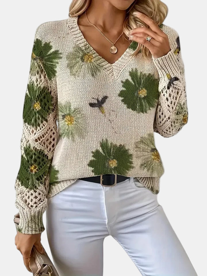 Damegenser | Blomsterstrikk V-hals
