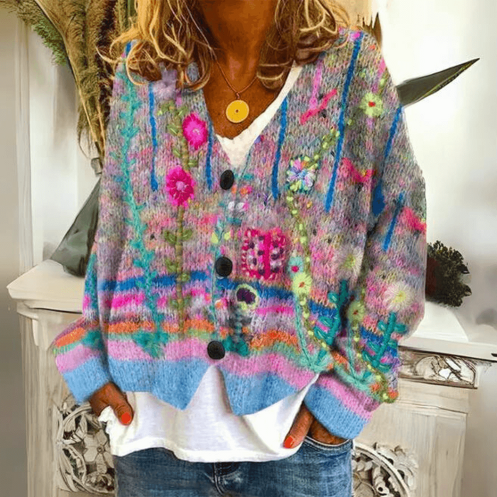 Dame Blomsterstrikket Cardigan med Knapper og V-hals