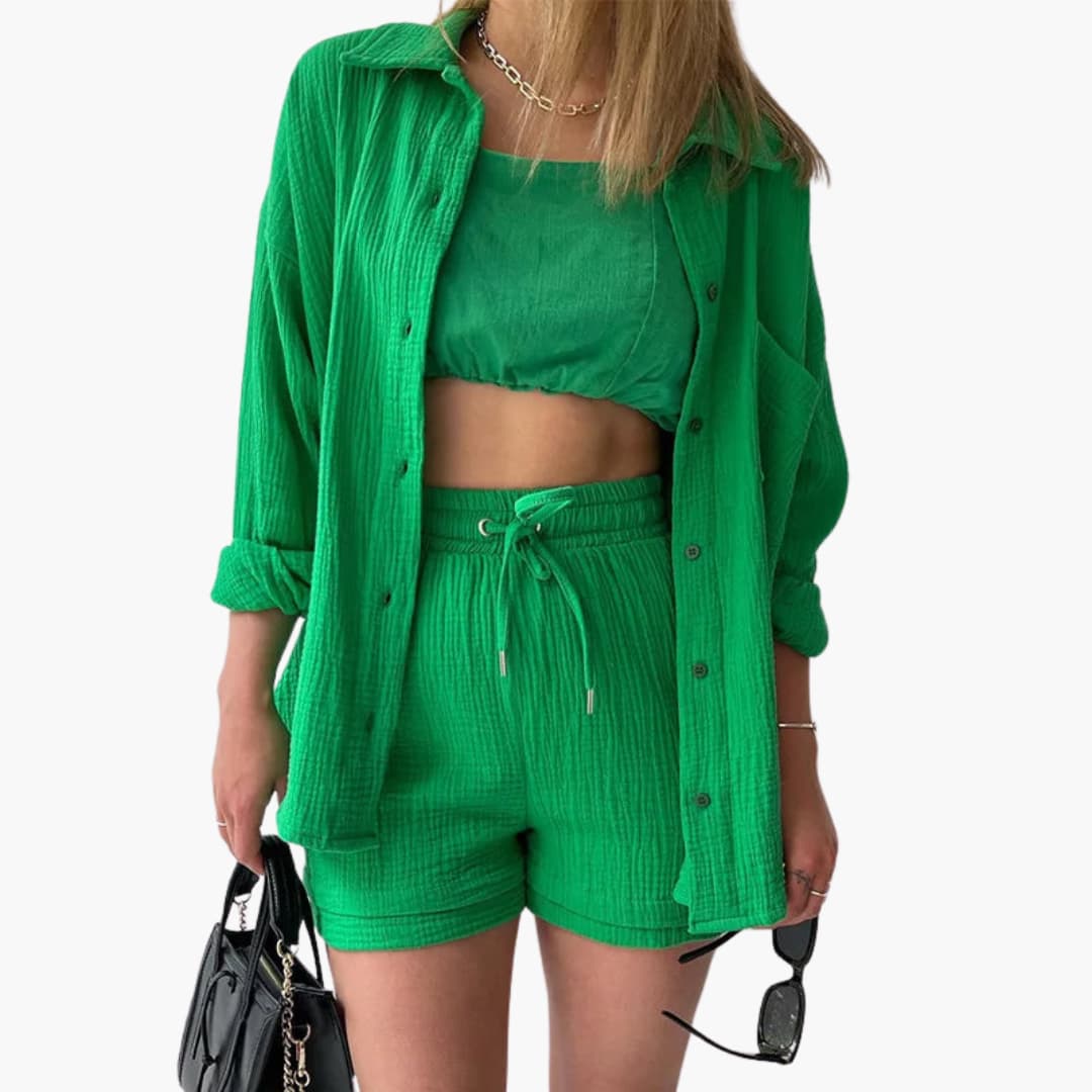 Dame Tre-delt Sett | Knapp-front Skjorte, Topp og Shorts