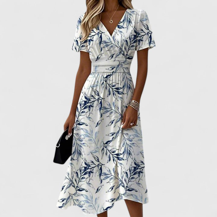 Kvinne Floral Midi Kjole | Hvit Innvik V-Utringning