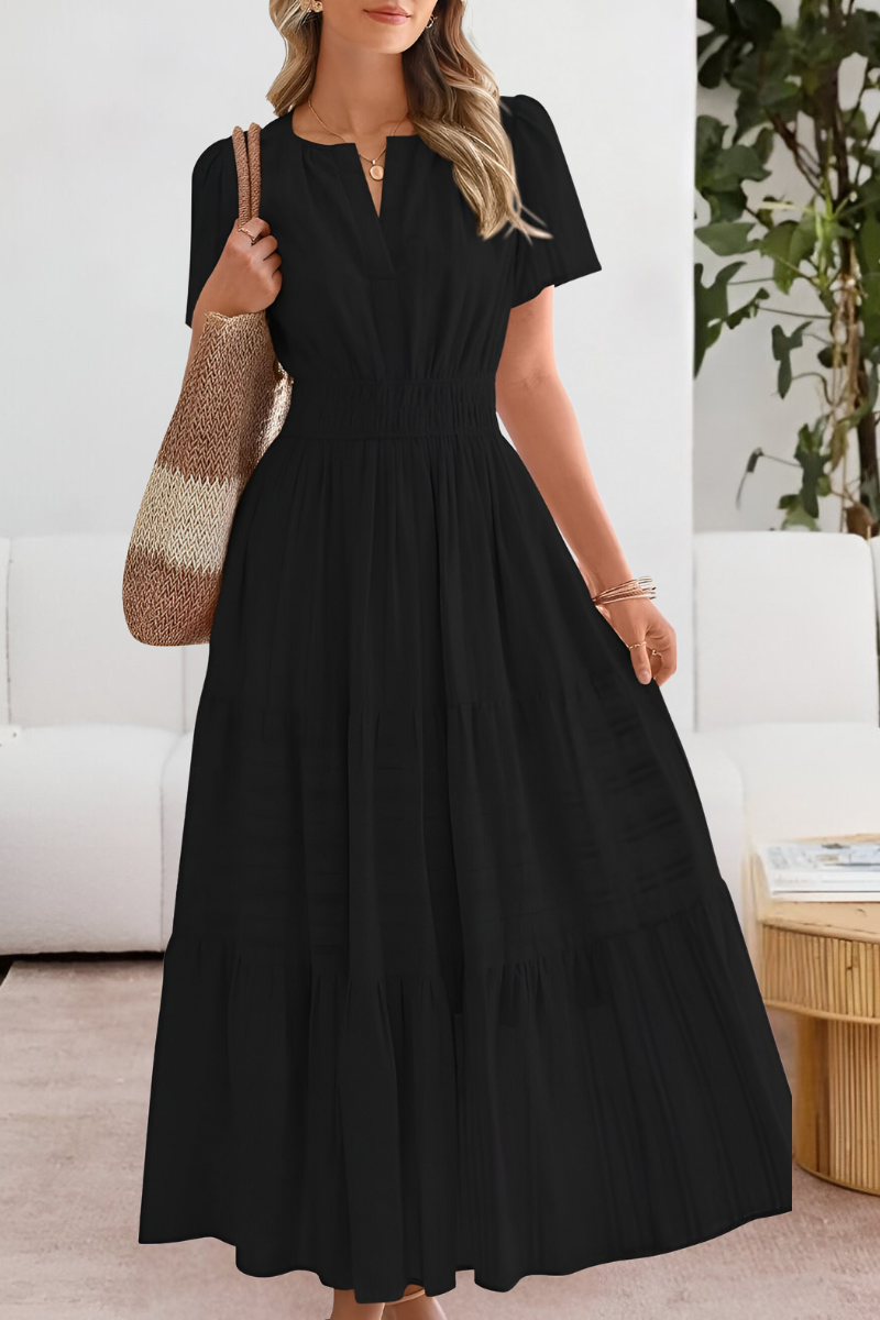 Kvinners Boho Midi Kjole | Rynket Korte Ermer