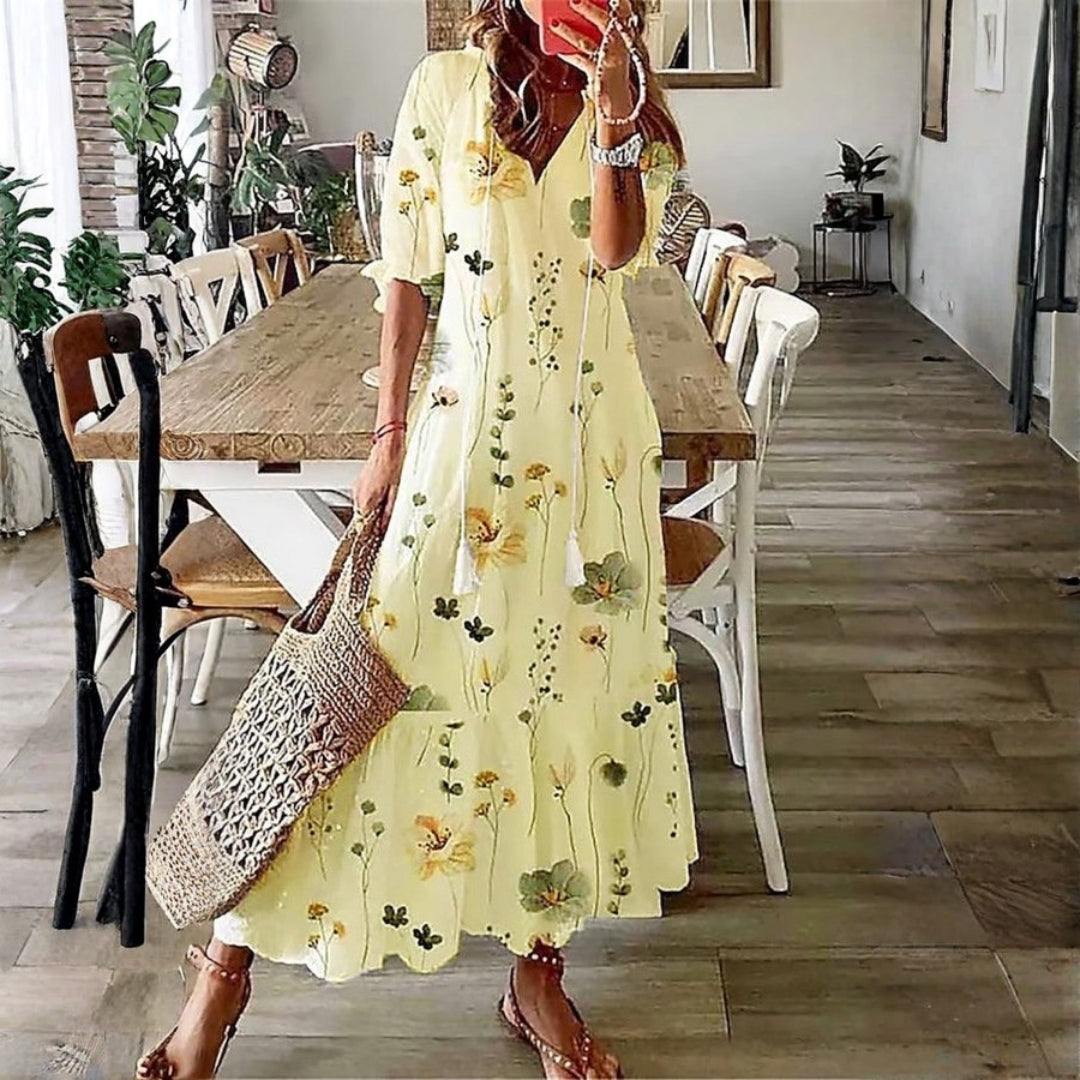 Kvinnes Boho Maxi Kjole | Korte Ermer Blomster