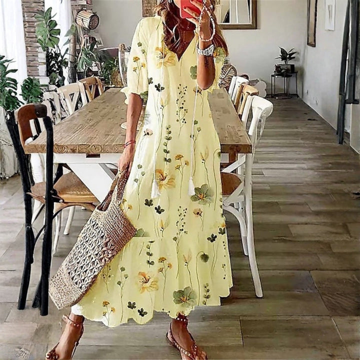 Kvinnes Boho Maxi Kjole | Korte Ermer Blomster