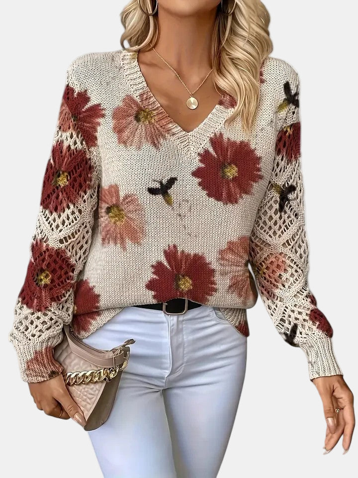 Damegenser | Blomsterstrikk V-hals