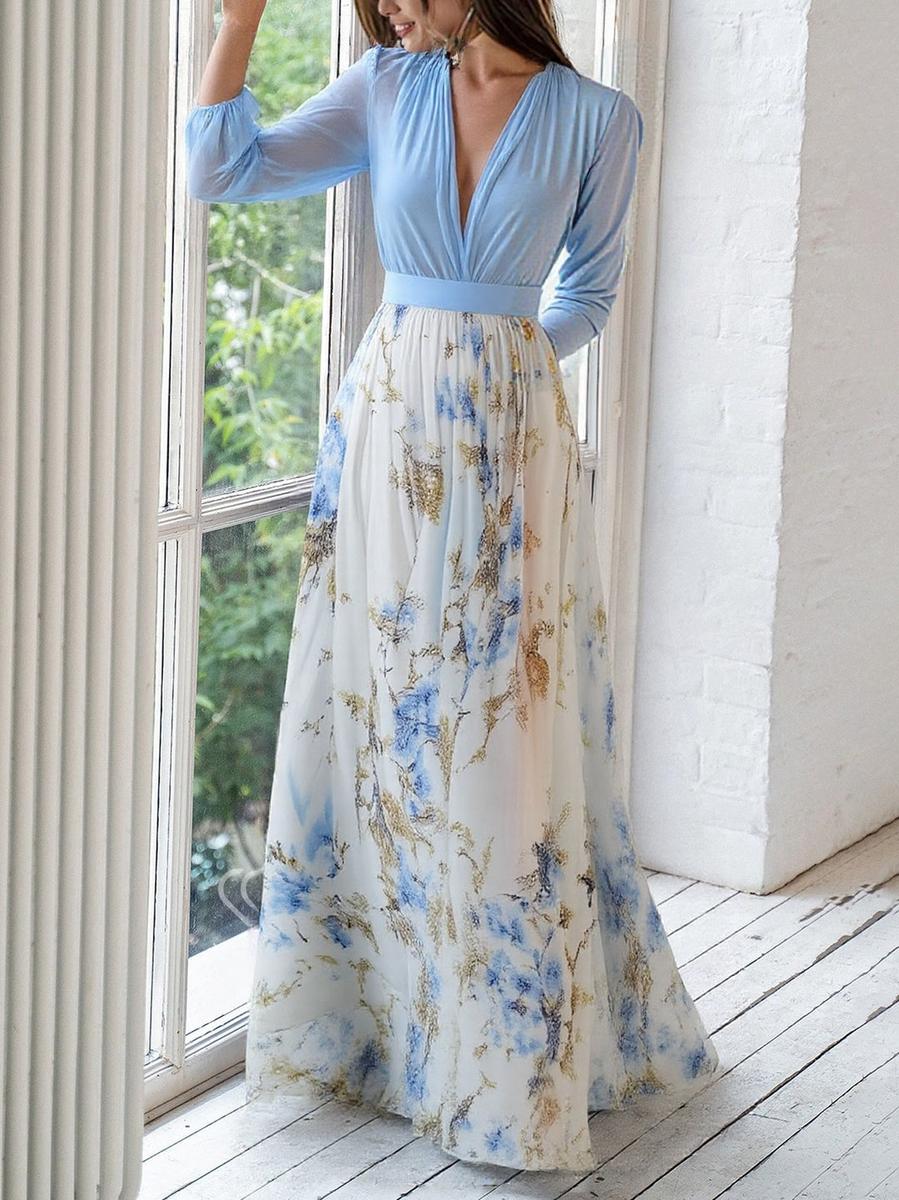 Kvinne Boho Maxi Kjole | Blomster V-Hals