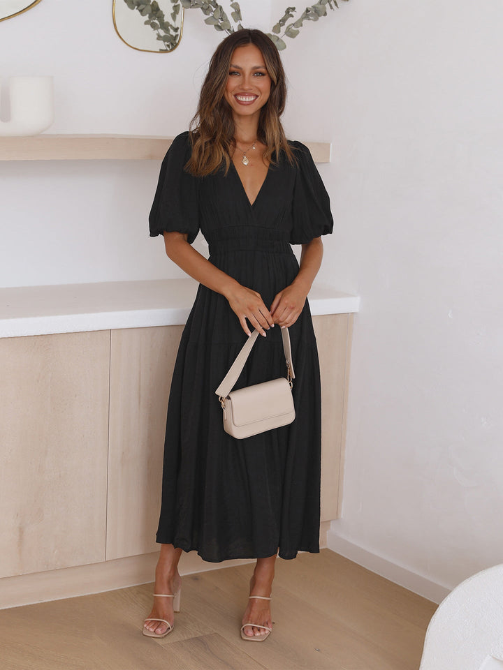 Kvinne Cocktail Midi Kjole | Smocket V-hals