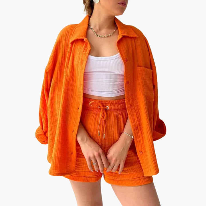 Dame Tre-delt Sett | Knapp-front Skjorte, Topp og Shorts