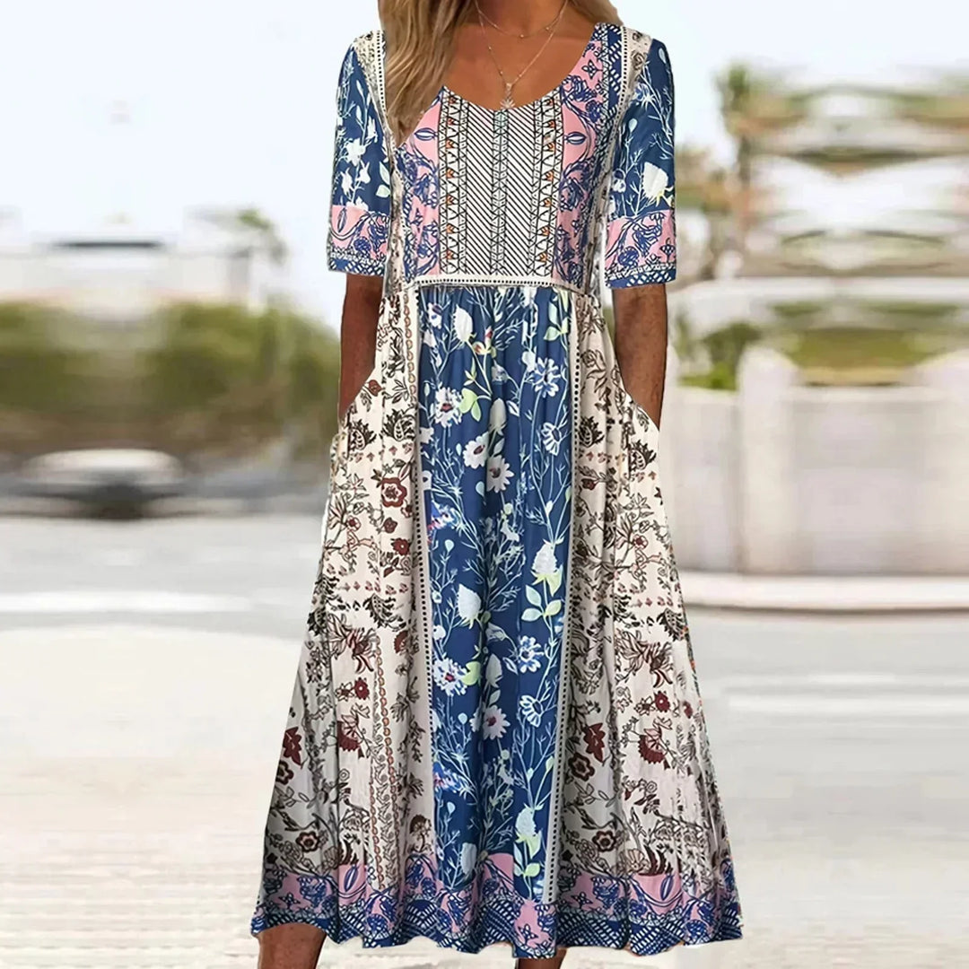 Kvinne Boho Midi Kjole | Korte Ermer