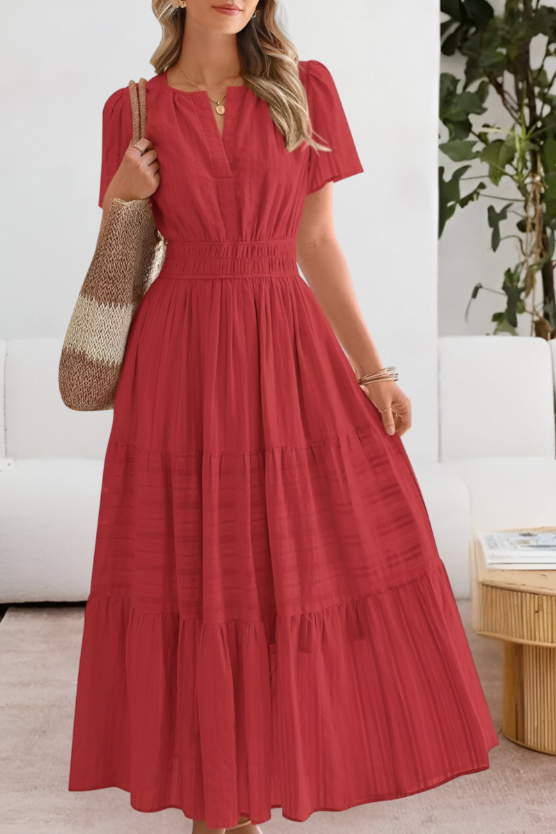 Kvinners Boho Midi Kjole | Rynket Korte Ermer