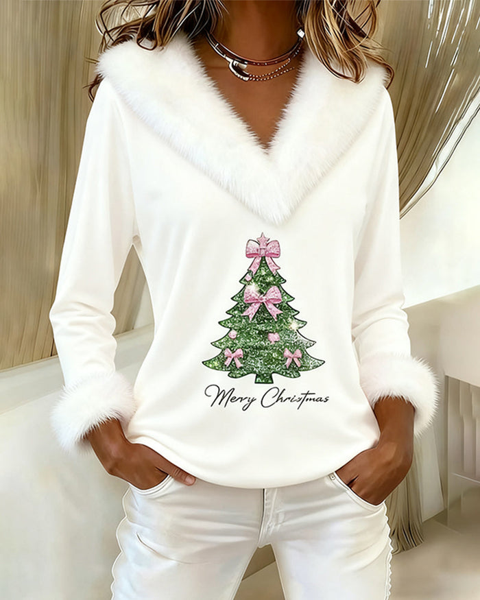 Dame Julegenser med Glittertrykt Juletre og Fluffy Trim